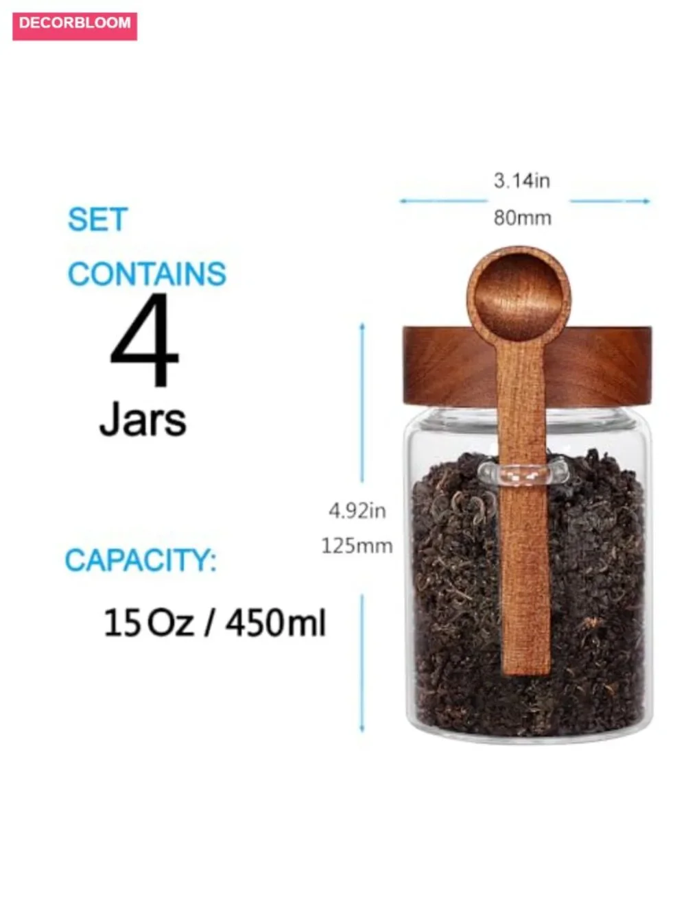 Loose Leaf Tea Storage Canister Set of 4 16oz Glass Jars with Wooden Lids &